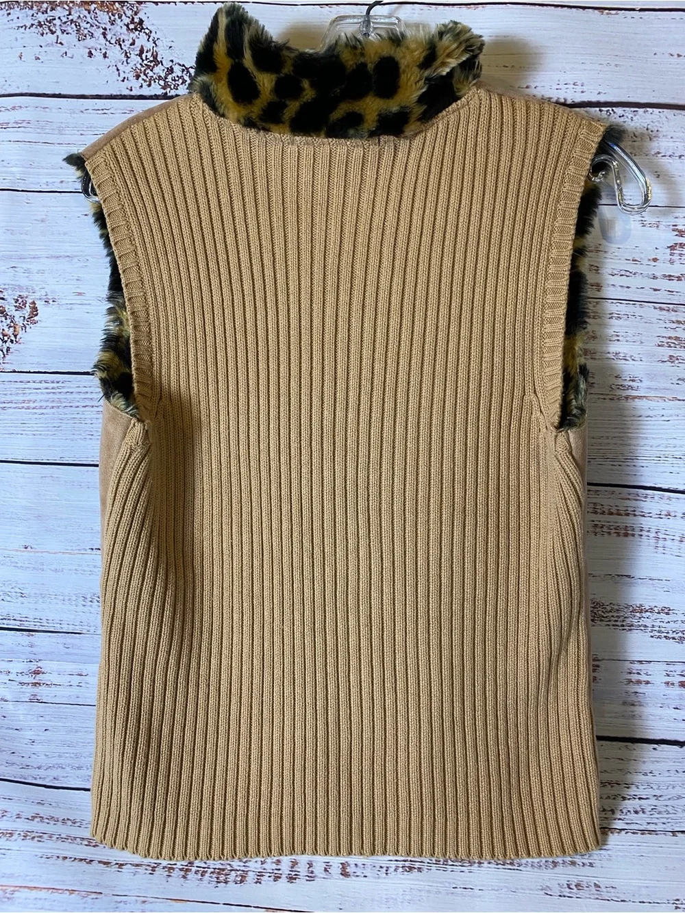 Faux Suede Tan Vest with Leopard Trim Juniors Sz-M